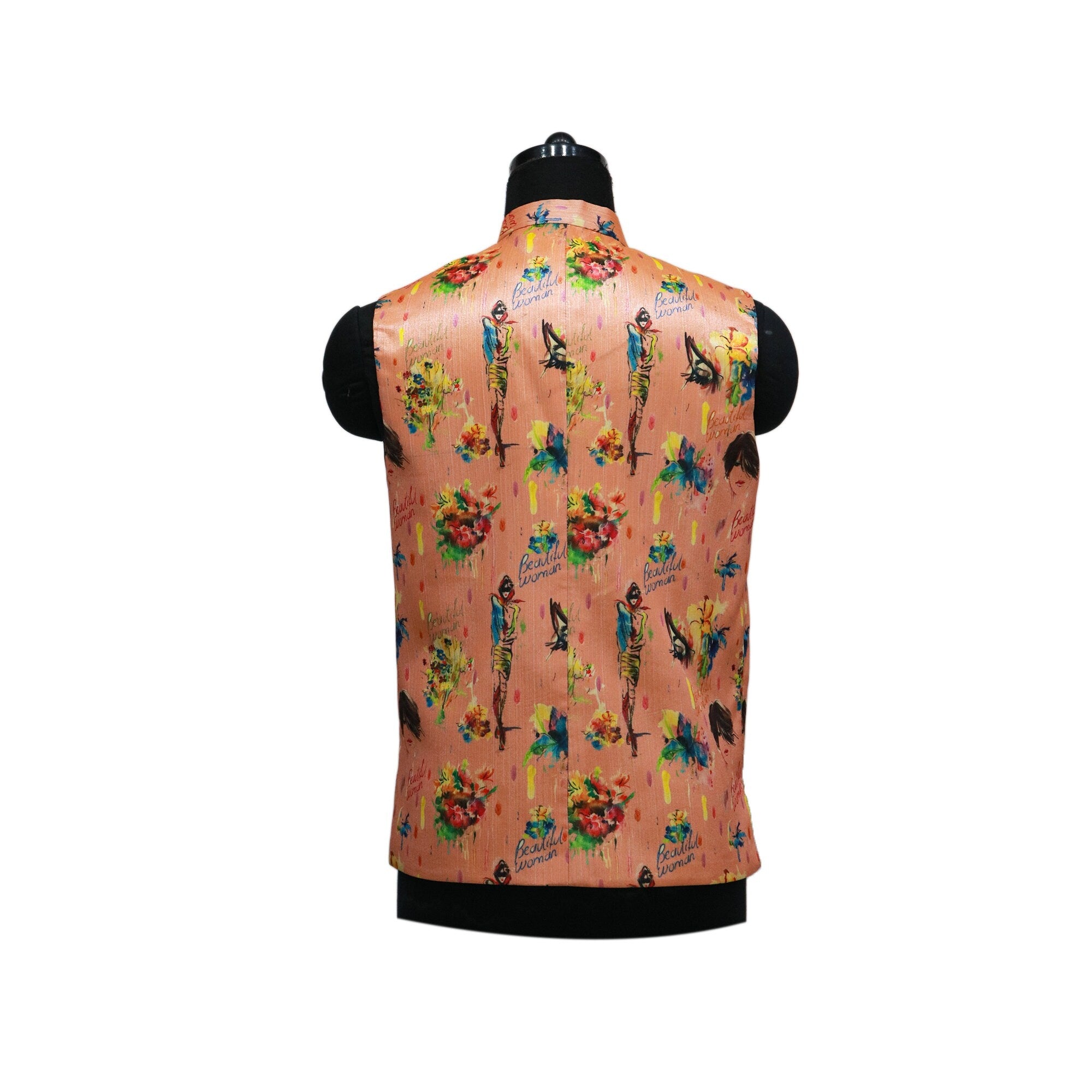 Handmade peach Nehru jacket with a vintage floral and "beautiful woman" print, back view.