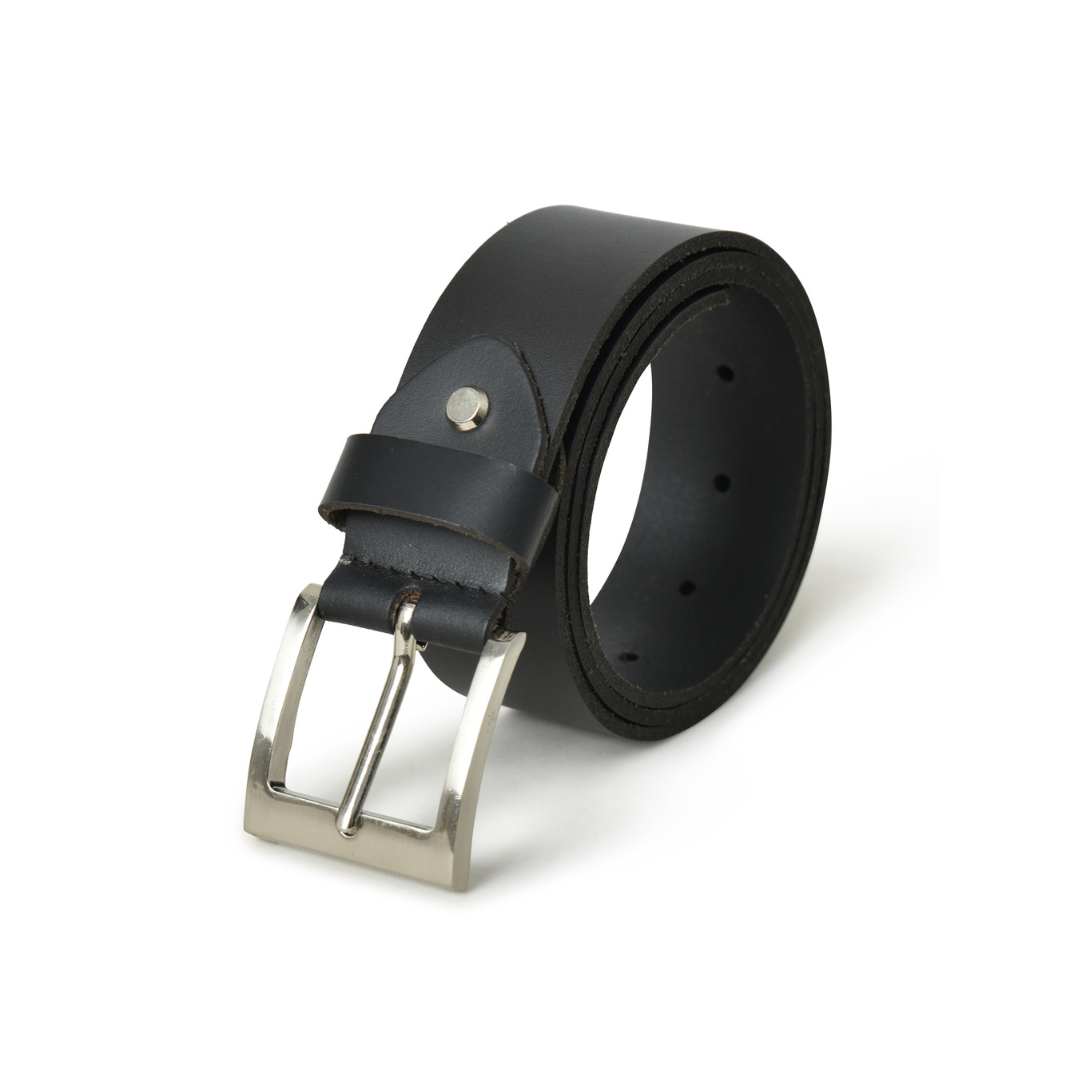 A black leather men's belt with a single prong silver buckle, laid flat against a white background.