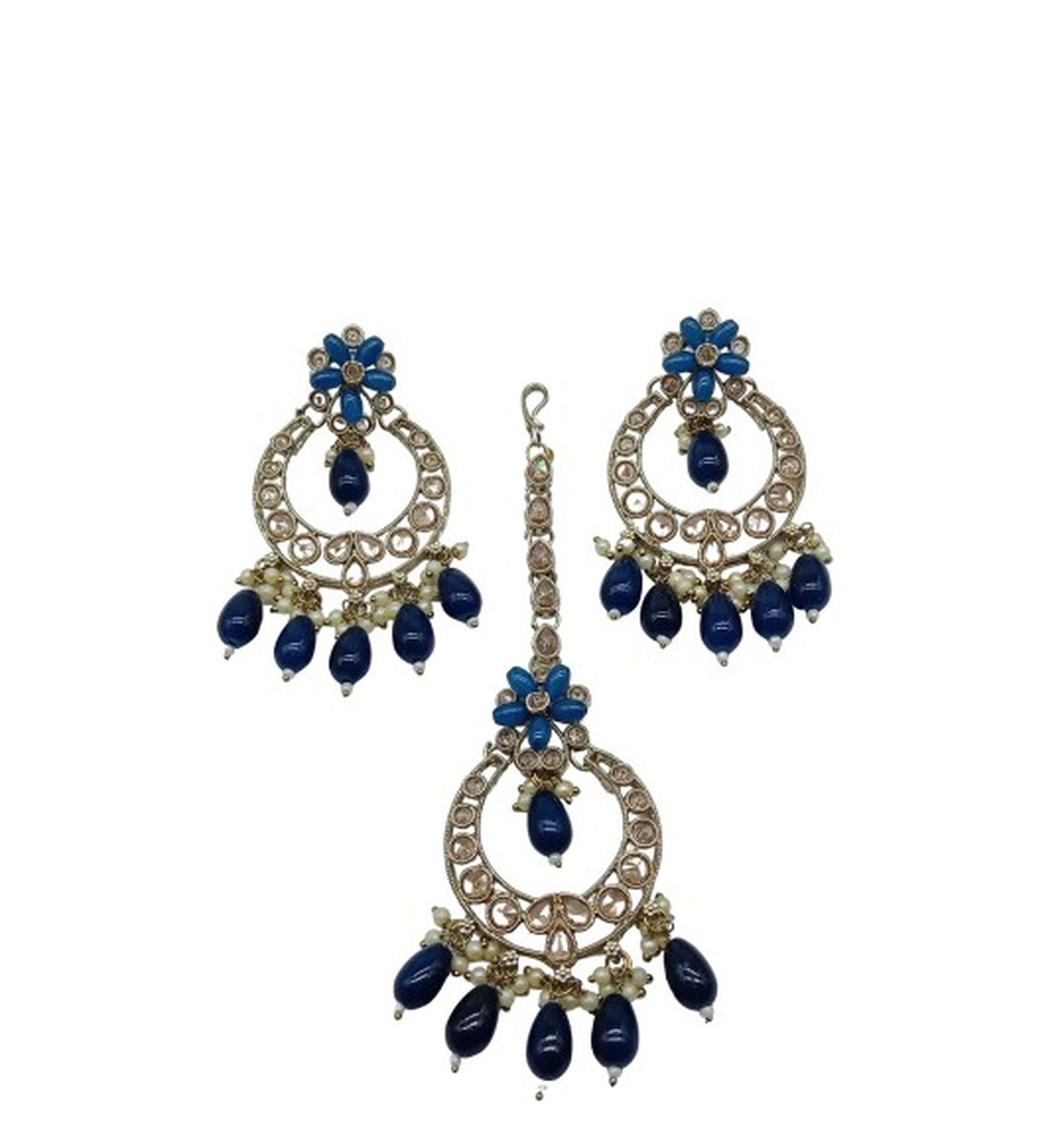 Elegant Blue and Gold Indian Jewelry Set - Necklace, Earrings, and Maang Tikka, , Traditional Indian Wedding Jewelry (Set of 2)