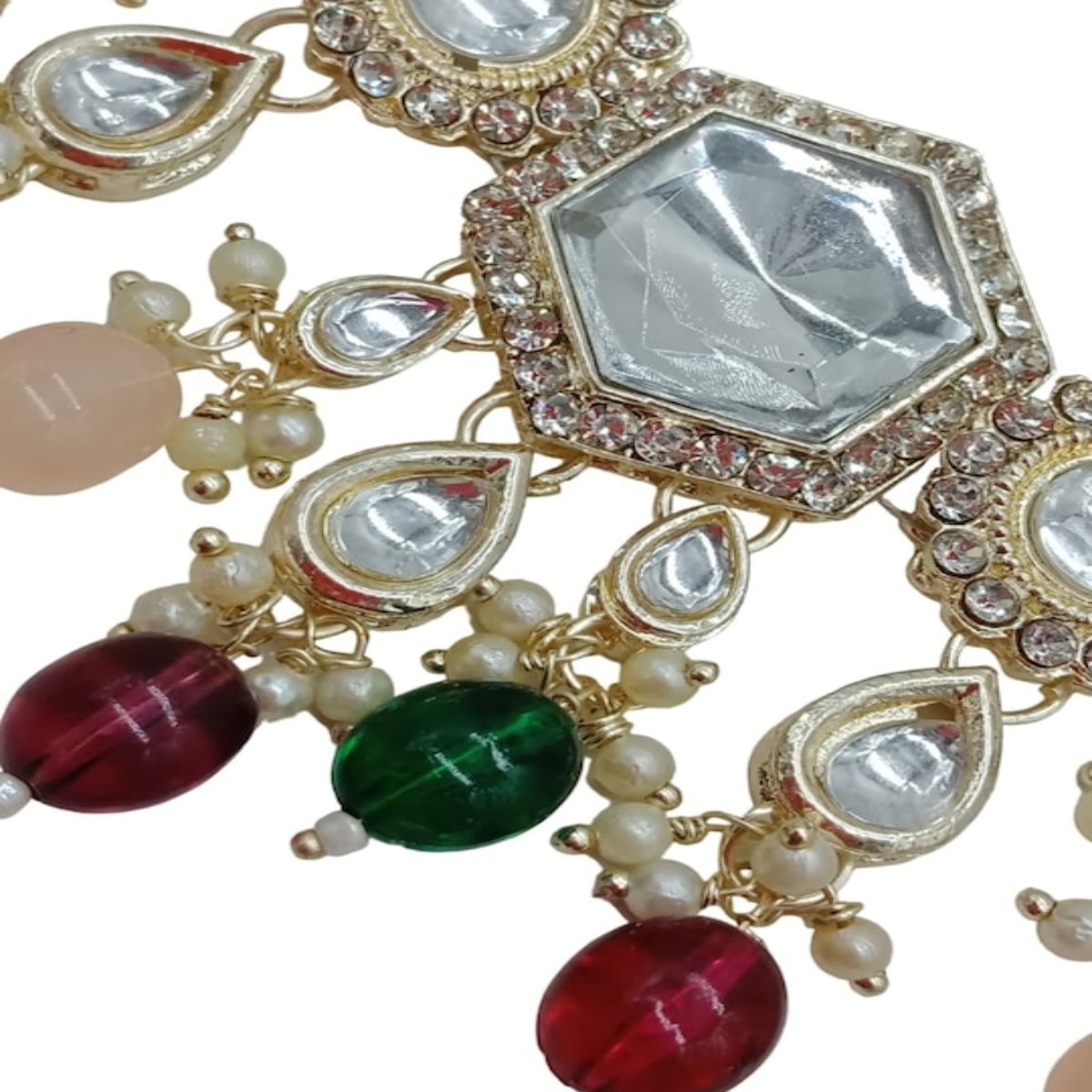 Elegant Kundan-Style Multi and White Necklace, Earrings, and Tikka Set, Traditional Indian Wedding Jewelry (Set of 2)