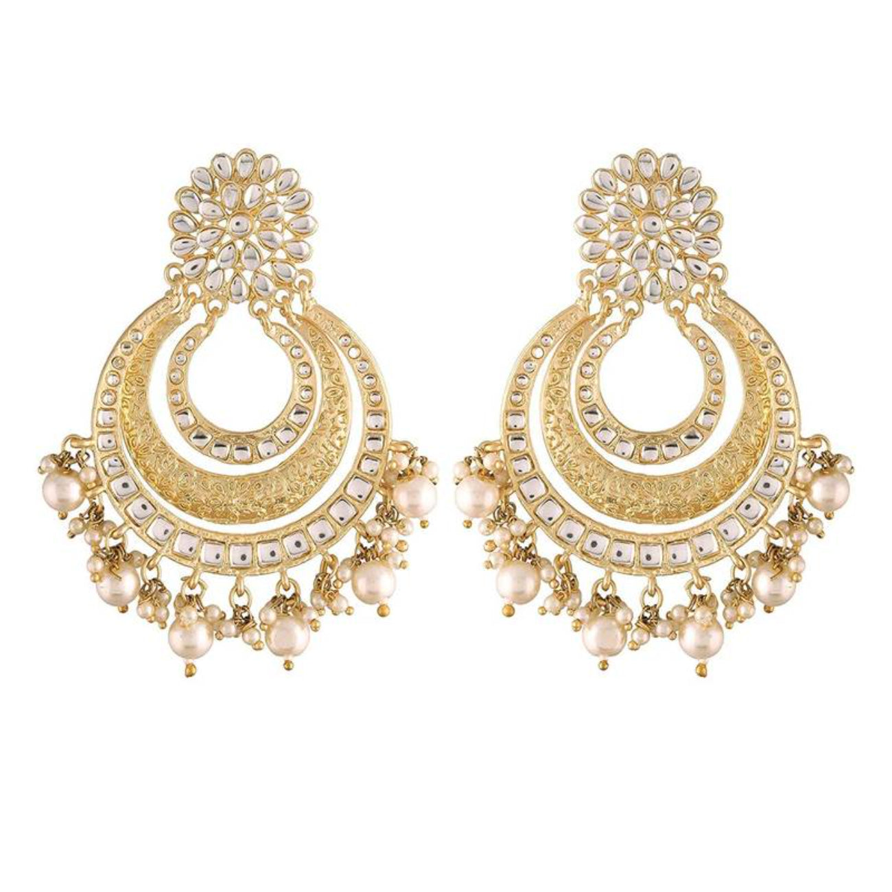 Elegant Gold-Plated Kundan Pearl Chandbali Earrings, Maang Tikka – Traditional Bridal Jewelry Set, Traditional Indian Wedding Jewelry (Set of 1)