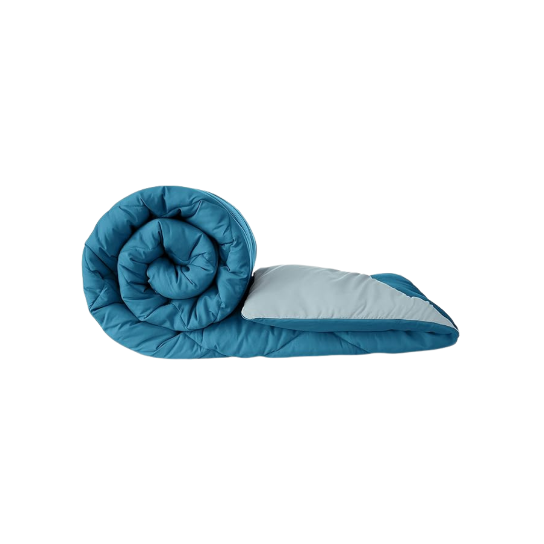 Rolled-up Bellolin microfiber comforter in teal, showcasing its reversible design and soft, breathable material. Perfect for a cozy night's sleep.