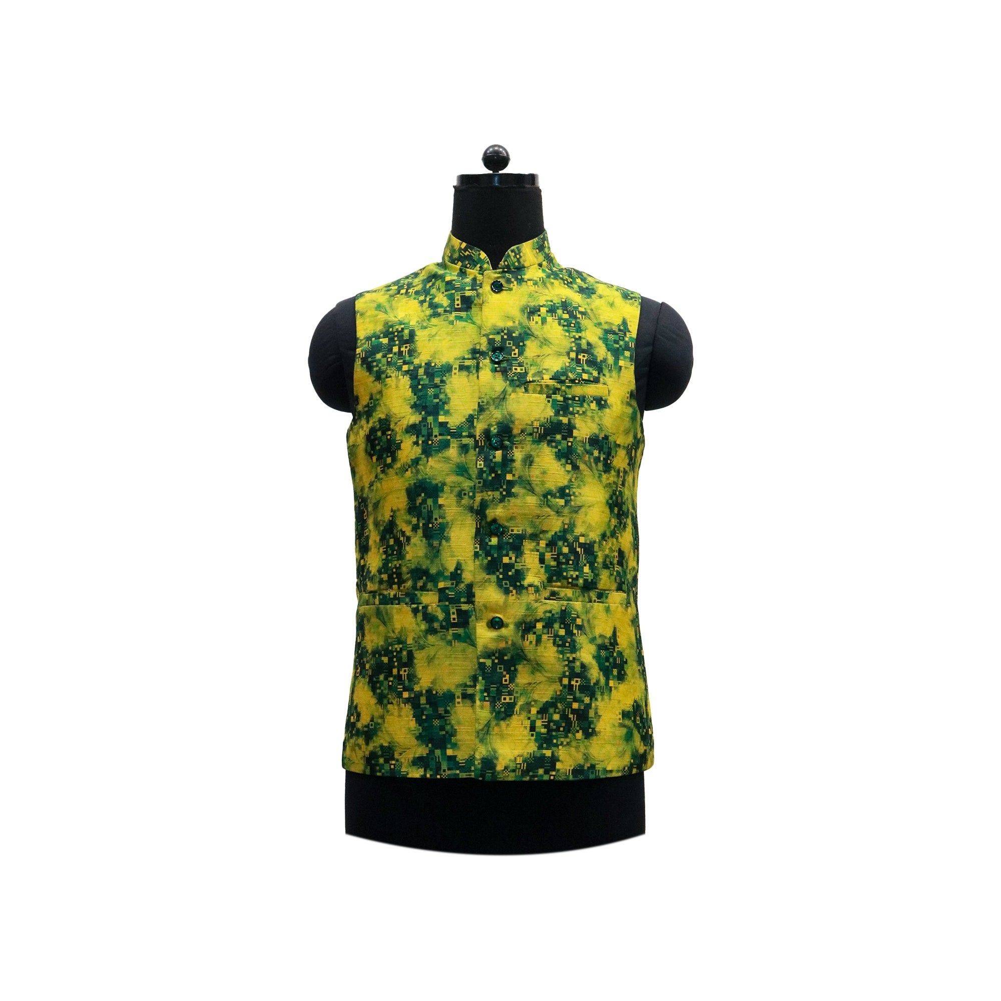 A stylish men's yellow and green floral Nehru jacket, perfect for parties or special occasions.