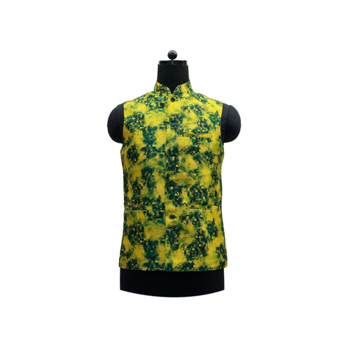 Vibrant Yellow Nehru Jacket with Green Abstract Print | Bold Sleeveless Vest for Weddings & Cultural Events