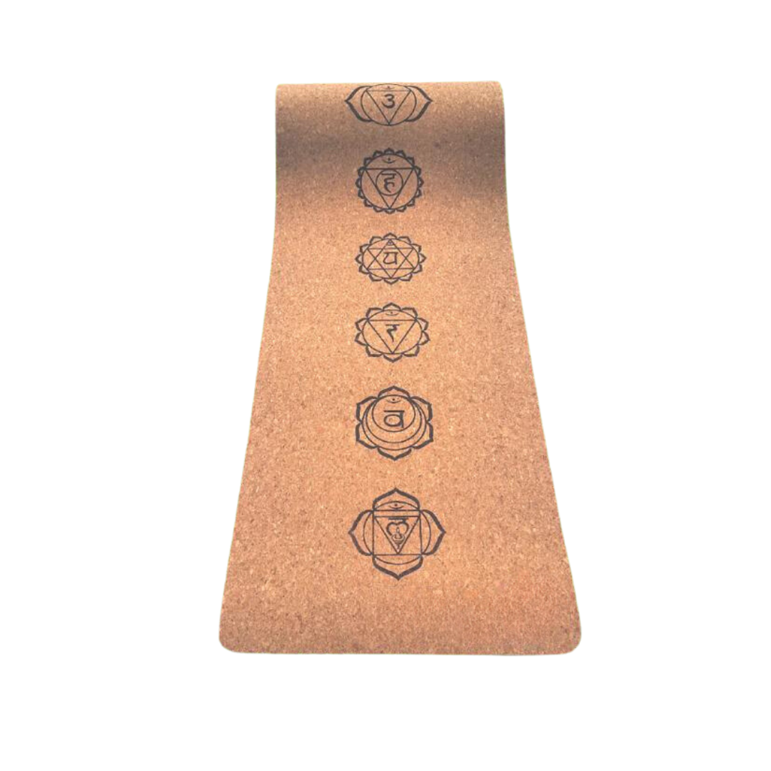 Eco-friendly cork yoga mat with chakra symbols for balance and grip. Durable and anti-skid for a perfect practice.