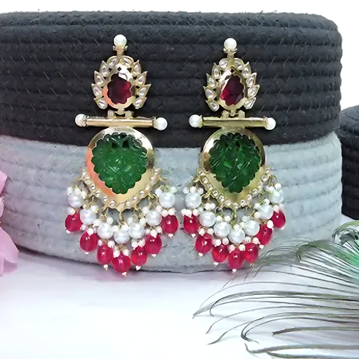 Elegant Kundan-Inspired Chandelier Earrings, Red and Green Gemstones, Traditional Indian Wedding Jewelry (Set of 1)