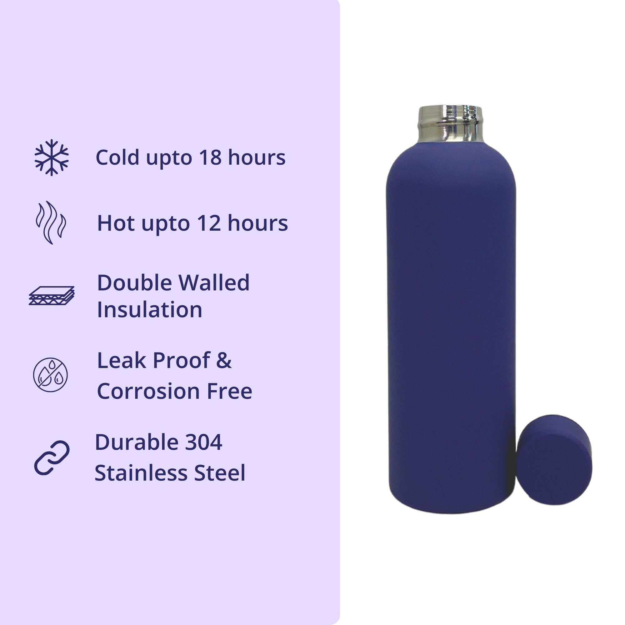 SuperGeneriX 500ml Matte Finish Stainless Steel Water Bottle | Vacuum Insulated Travel Bottle | Hot & Cold Water Bottle | Smooth Rubber Finish Water Bottle (Purple)