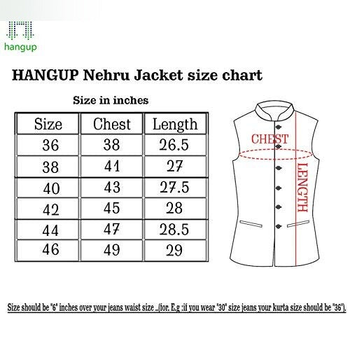 Nehru jacket size chart with chest and length measurements in inches.