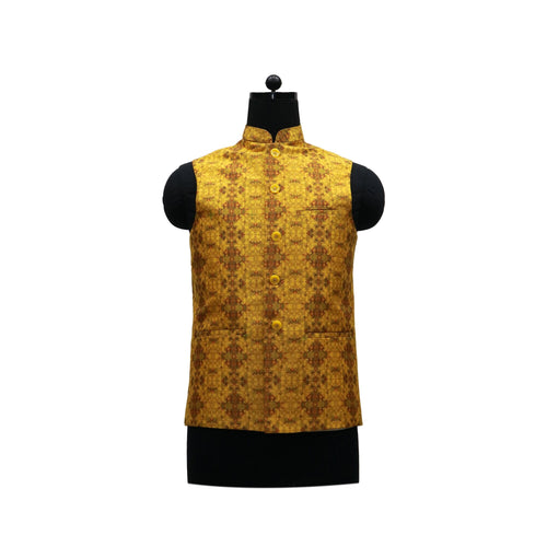 Mustard Yellow Nehru Jacket with Intricate Geometric Print | Elegant Sleeveless Vest for Weddings & Festive Events