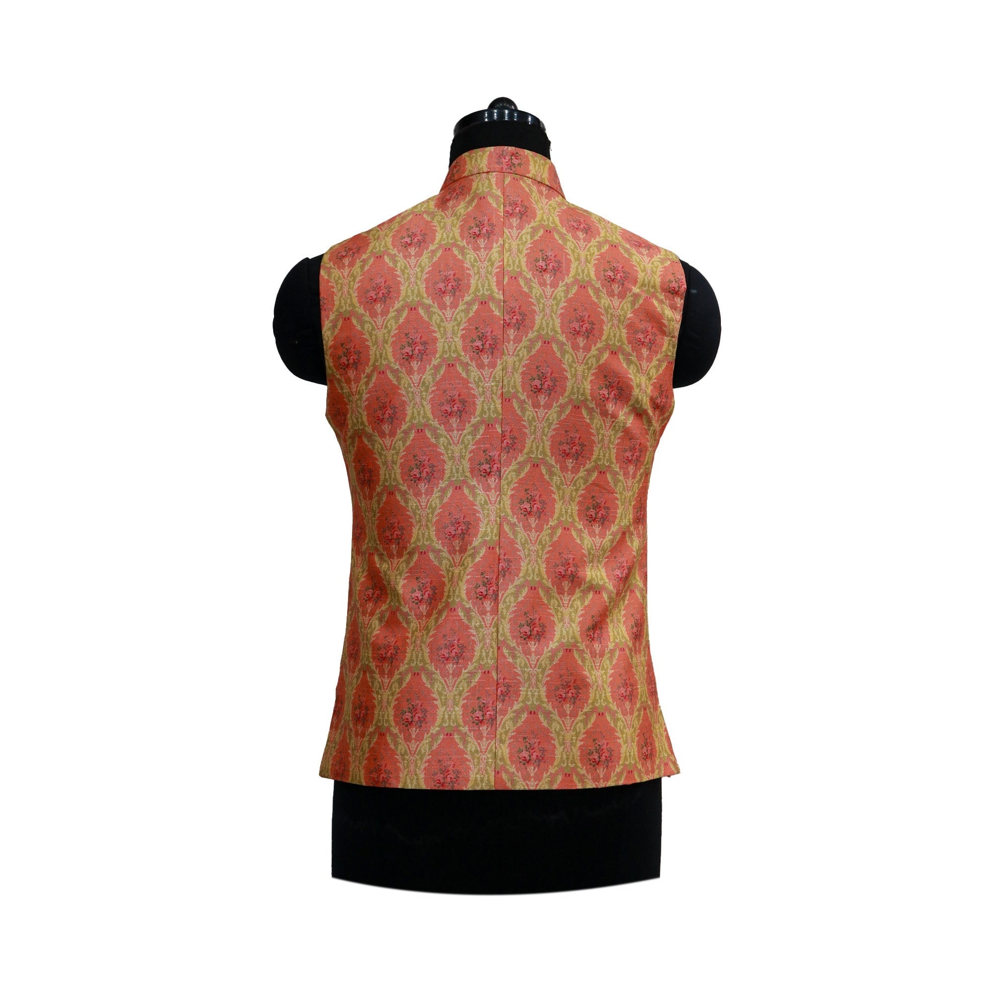 Handmade vintage floral Nehru jacket, back view. Red and gold paisley fabric with a mandarin collar. Perfect ethnic party wear for men.