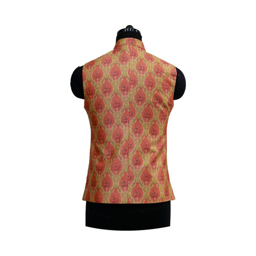 Peach and Gold Nehru Jacket with Intricate Floral Print | Elegant Sleeveless Vest for Weddings & Festive Events