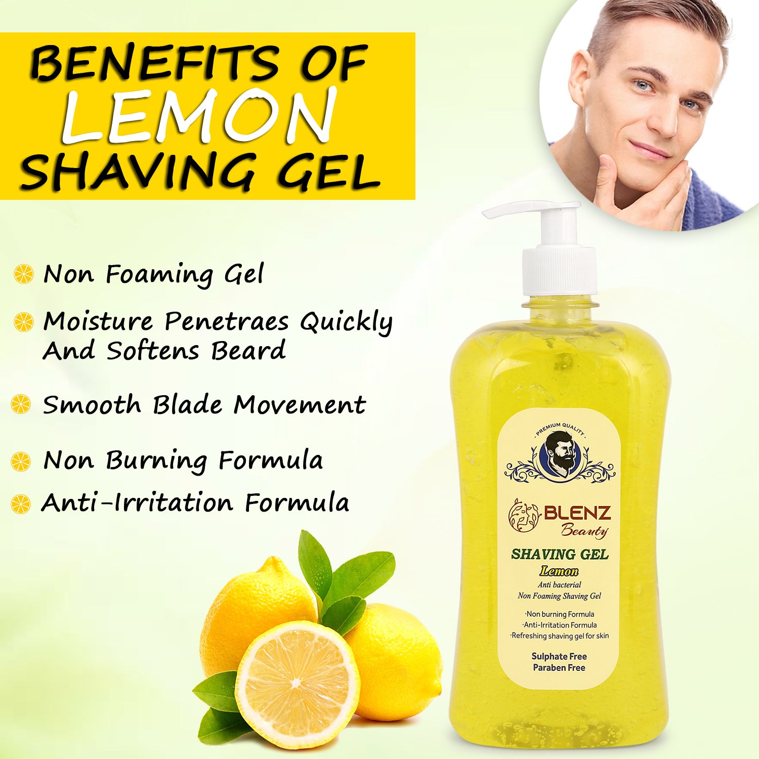 Lemon Shaving Gel for Men, Non-Foaming & Refreshing Formula, Soothing Grooming Gel, Sulphate and Paraben Free (1L)