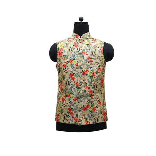 Ivory Nehru Jacket with Red and Green Floral Print | Stylish Sleeveless Waistcoat for Weddings & Festive Events