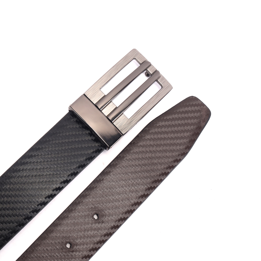 Reversible Leather Belt for Men with Sleek Metal Buckle | Black and Brown Geometric Print Belt for Everyday