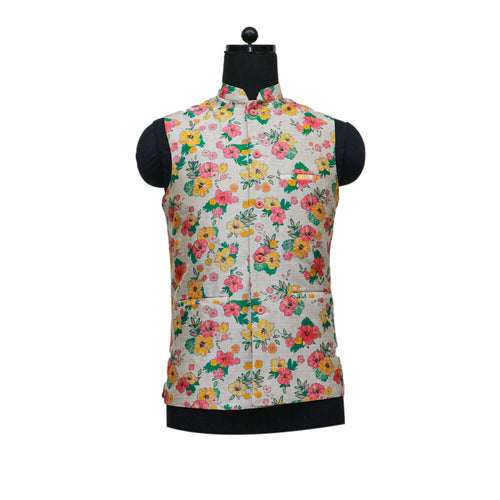 Ivory Nehru Jacket with Pink and Yellow Floral Print | Elegant Sleeveless Vest for Weddings & Festive Events