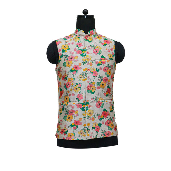 Ivory Nehru Jacket with Pink and Yellow Floral Print | Elegant Sleeveless Vest for Weddings & Festive Events