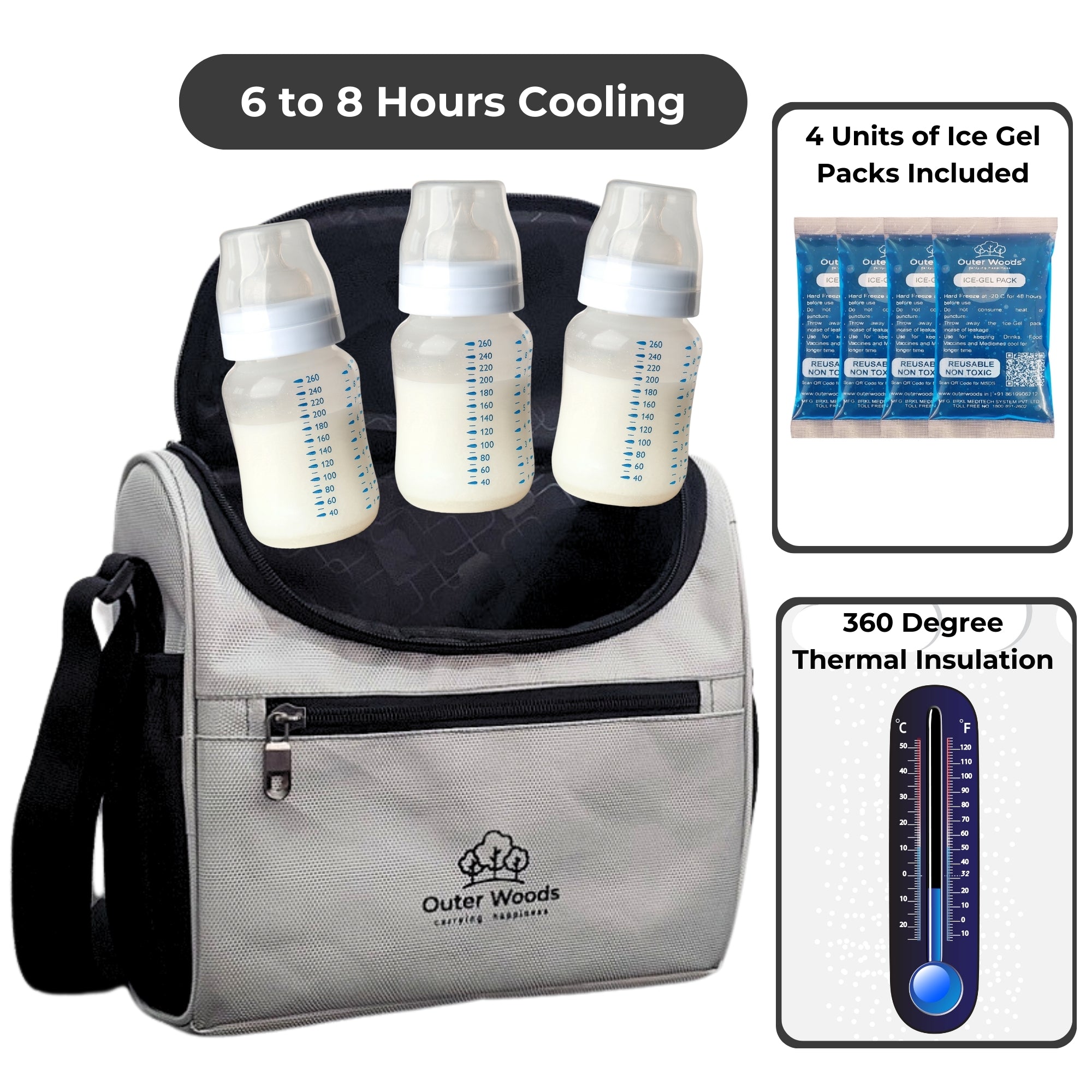 Outer Woods Insulated Breast Milk Cooler Bag with 4 Units of Ice Gel Packs | Keep Milk and Food Cool for 6 to 8 Hours | Thermal Insulated Baby Travel Bag