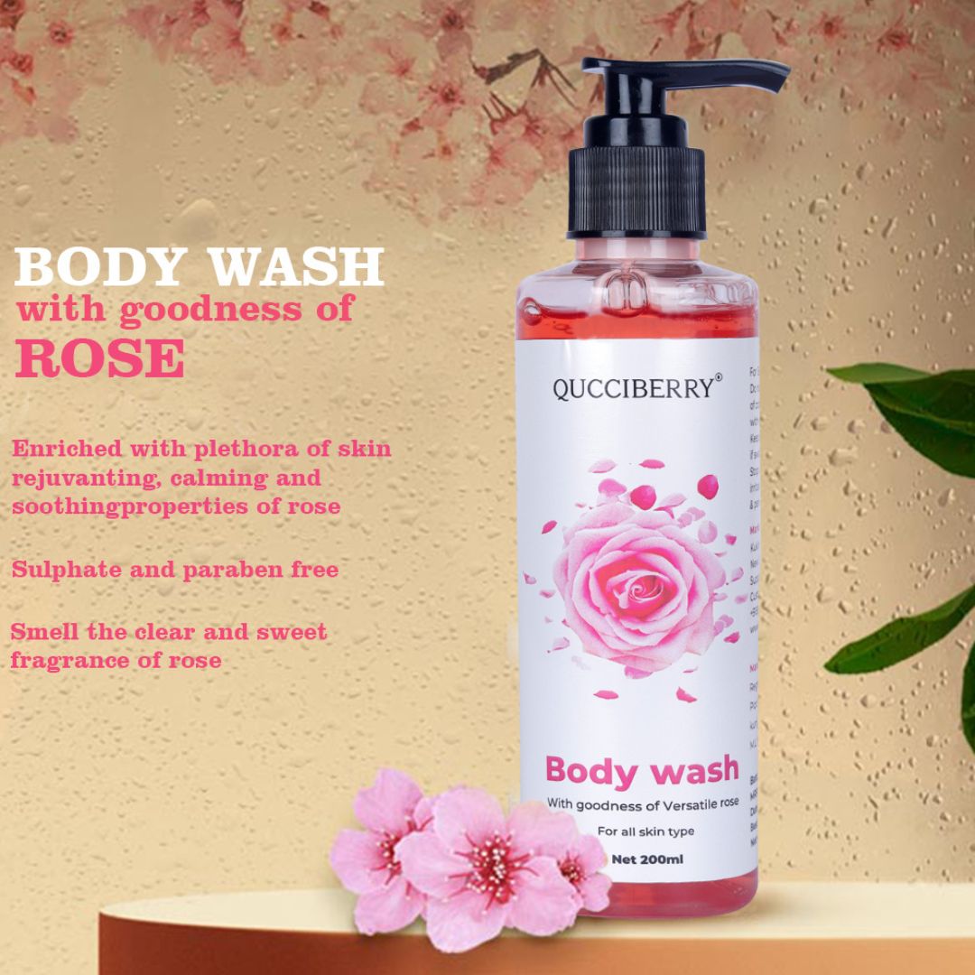 Qucciberry Rose Bodywash – Nourishing, Moisturizing Shower Gel with Natural Ingredients, Long-Lasting Floral Aromatic Blend of Rose, Fruits, and Herbs for Soft, Smooth Skin, Unisex,  200 ML