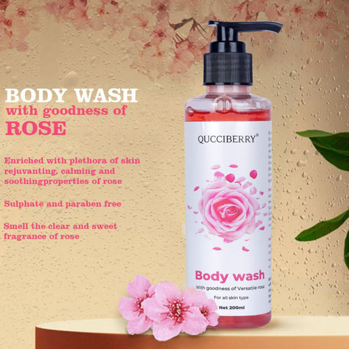 Qucciberry Rose Bodywash â€“ Nourishing, Moisturizing Shower Gel with Natural Ingredients, Long-Lasting Floral Aromatic Blend of Rose, Fruits, and Herbs for Soft, Smooth Skin, Unisex,  200 ML