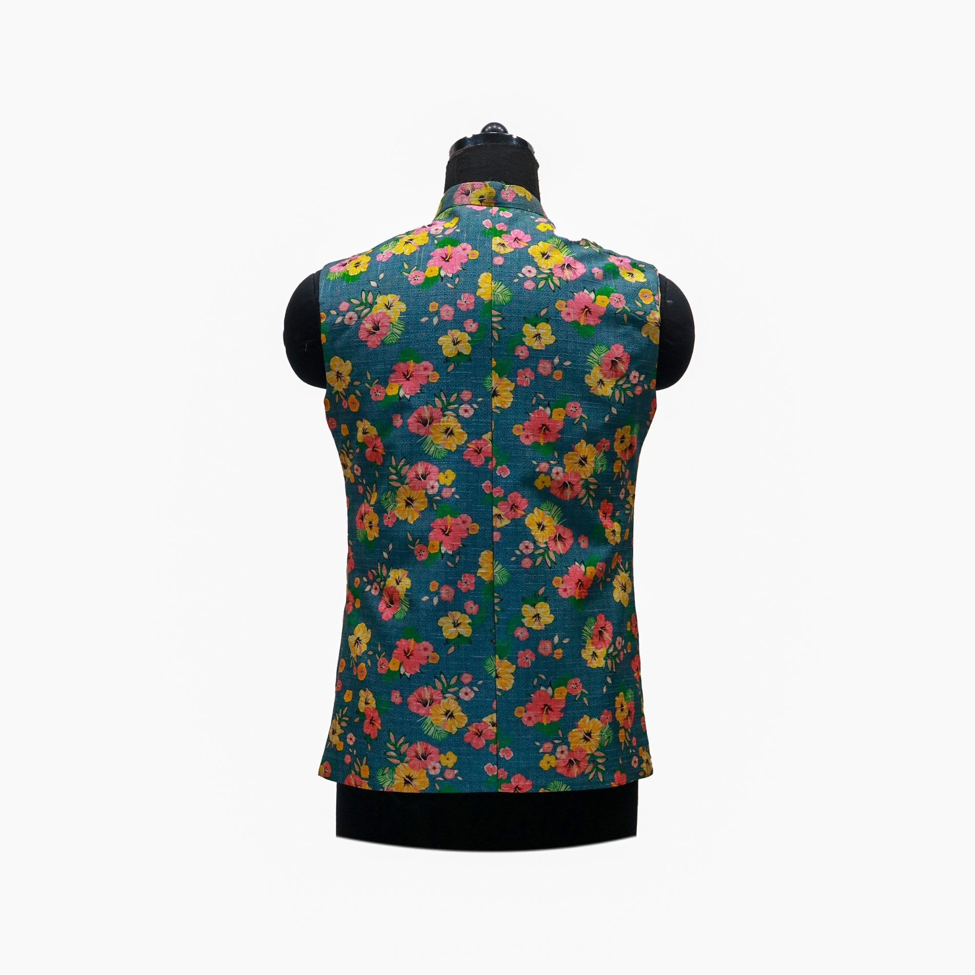 Teal floral men's Nehru jacket, back view. Handmade vintage style, perfect for parties or ethnic events.