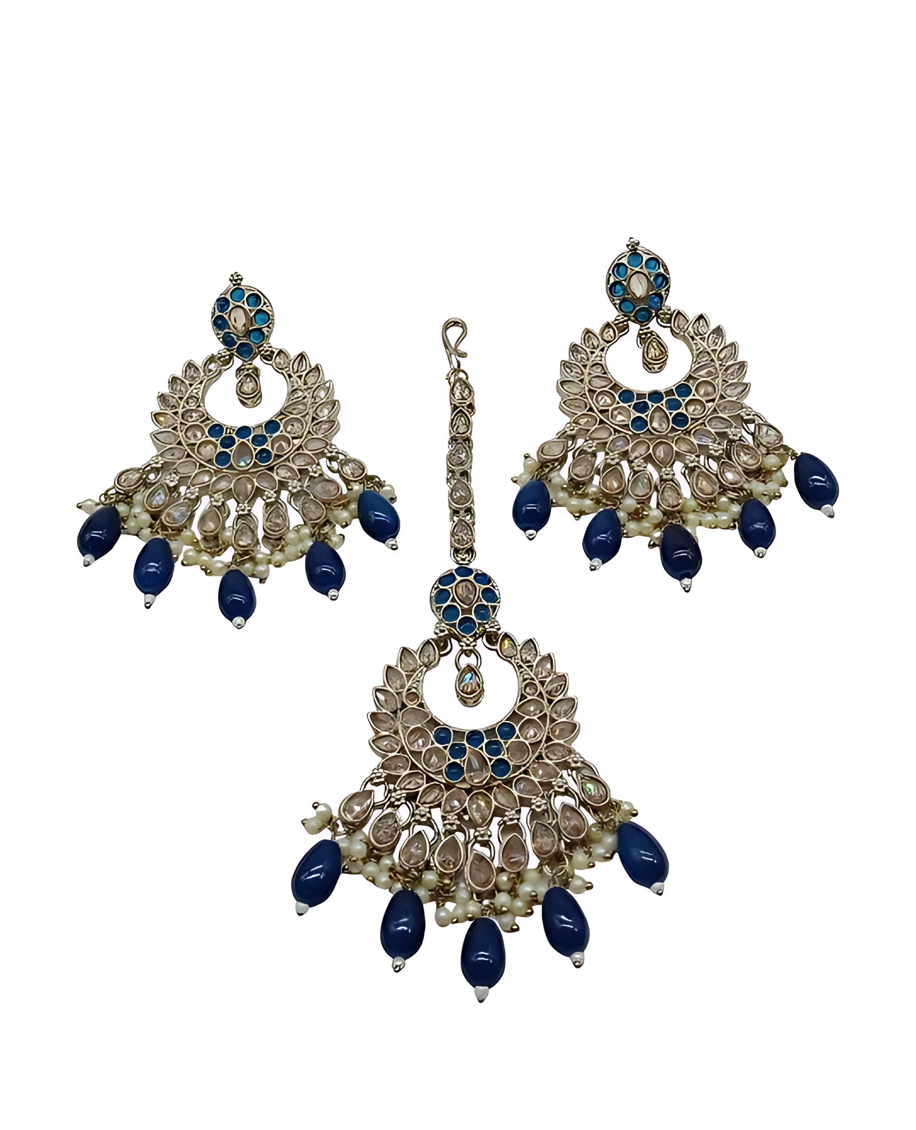 Luxurious Monatna Blue Kundan Choker Necklace Set, Earrings and Maang Tikka, Traditional Indian Wedding Jewelry (Set of 2)