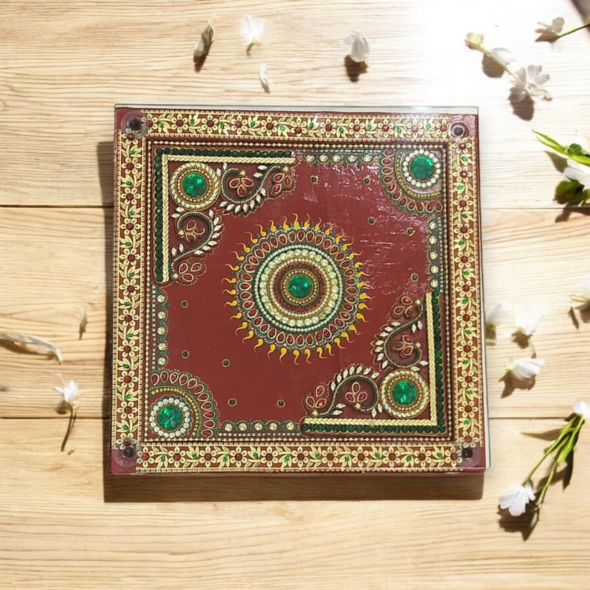 Handcrafted Wooden Puja Chowki with Glass Top | Traditional Wooden Puja Stand with Hand-Painted Design & Gemstone Accents for Festivals & Home - 12x12 Inches