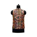 Handmade peach men's Nehru jacket with colorful floral mandala print, displayed on a mannequin.