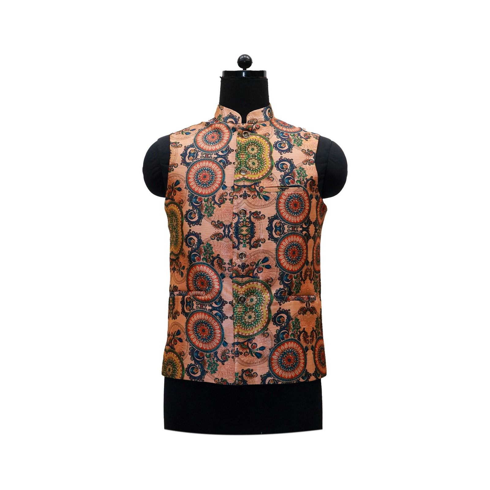 Handmade peach men's Nehru jacket with colorful floral mandala print, displayed on a mannequin.