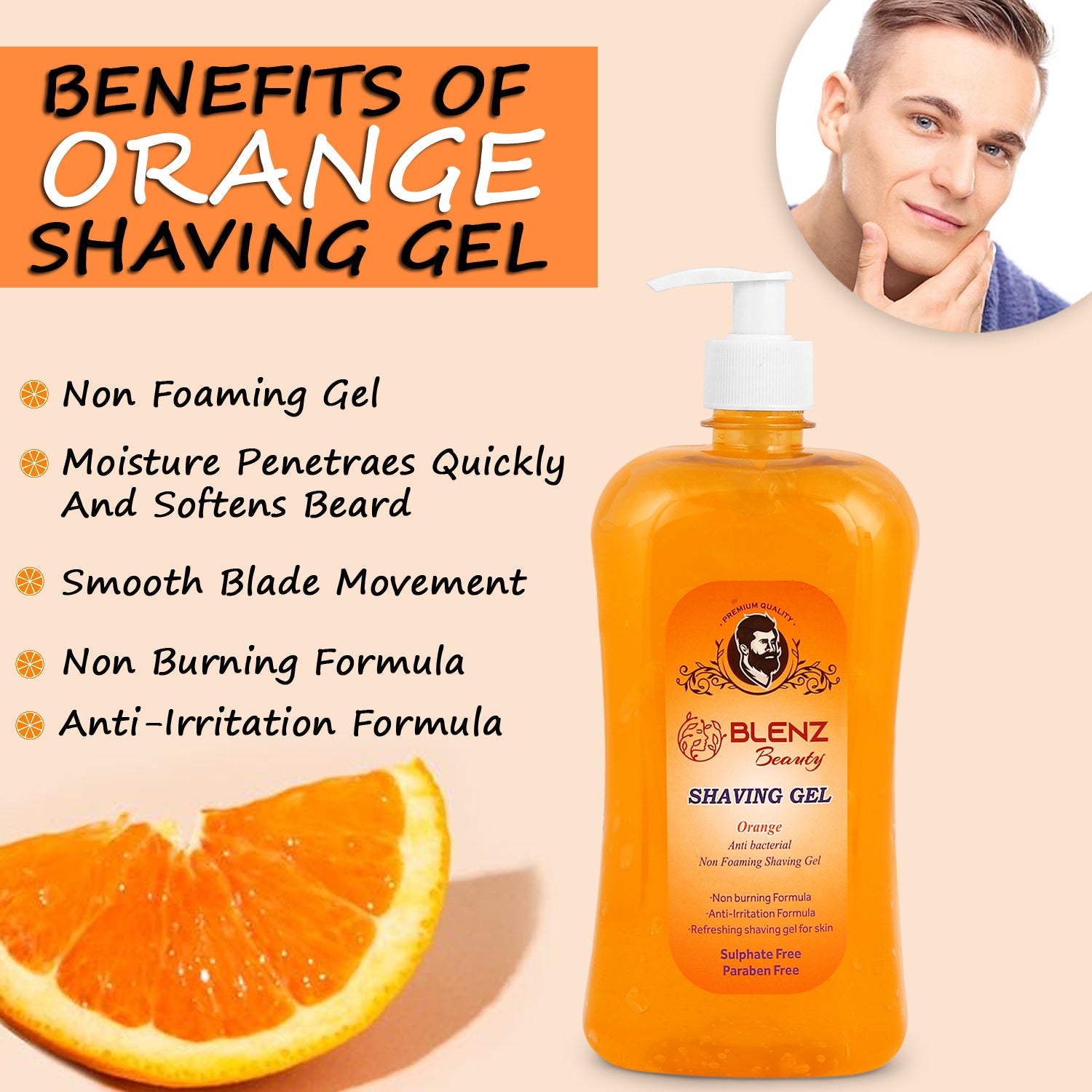 Orange Shaving Gel for Men, Non-Foaming & Refreshing Formula, Soothing Grooming Gel, Sulphate and Paraben Free (1L)