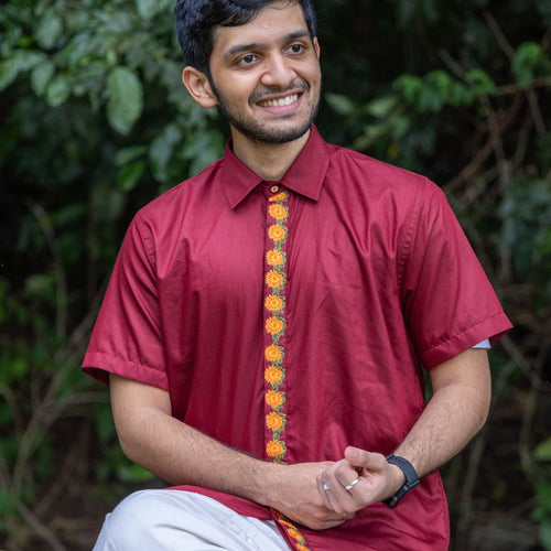 Embroidered Multi Floral Placket, Half Sleeve Shirt, Men's Formal Kerala Shirt, Cotton Shirt Festive Wear (Size 40, Maroon)