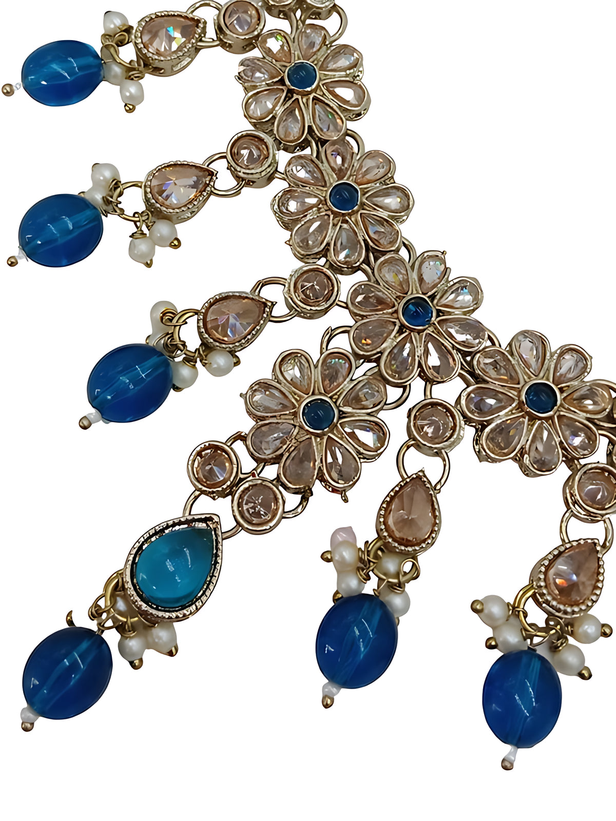 Exquisite Floral Kundan Necklace, Teal Drops and Matching Earrings, Traditional Indian Wedding Jewelry (Set of 2)