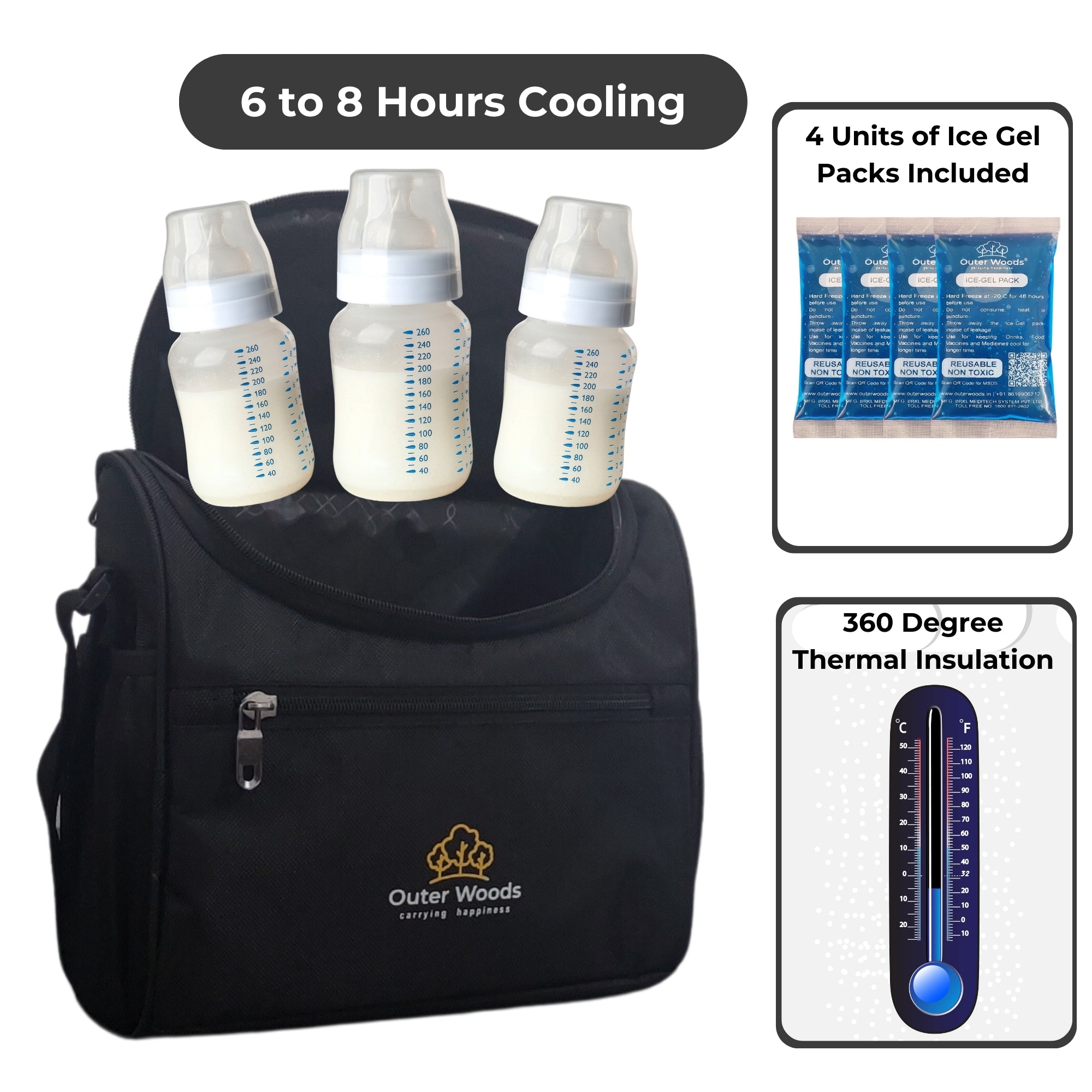 Outer Woods Insulated Breast Milk Cooler Bag with 4 Units of Ice Gel Packs | Keep Milk and Food Cool for 6 to 8 Hours | Thermal Insulated Baby Travel Bag