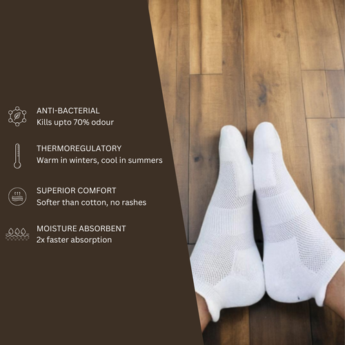 SuperGeneriX Bamboo Socks for Men (Pack of 3) | Ankle Length | Odor-Free Bamboo Socks | Soft Bamboo Socks | Cushioned Bamboo Socks | Breathable Socks | Durable Bamboo Socks | White, White, White