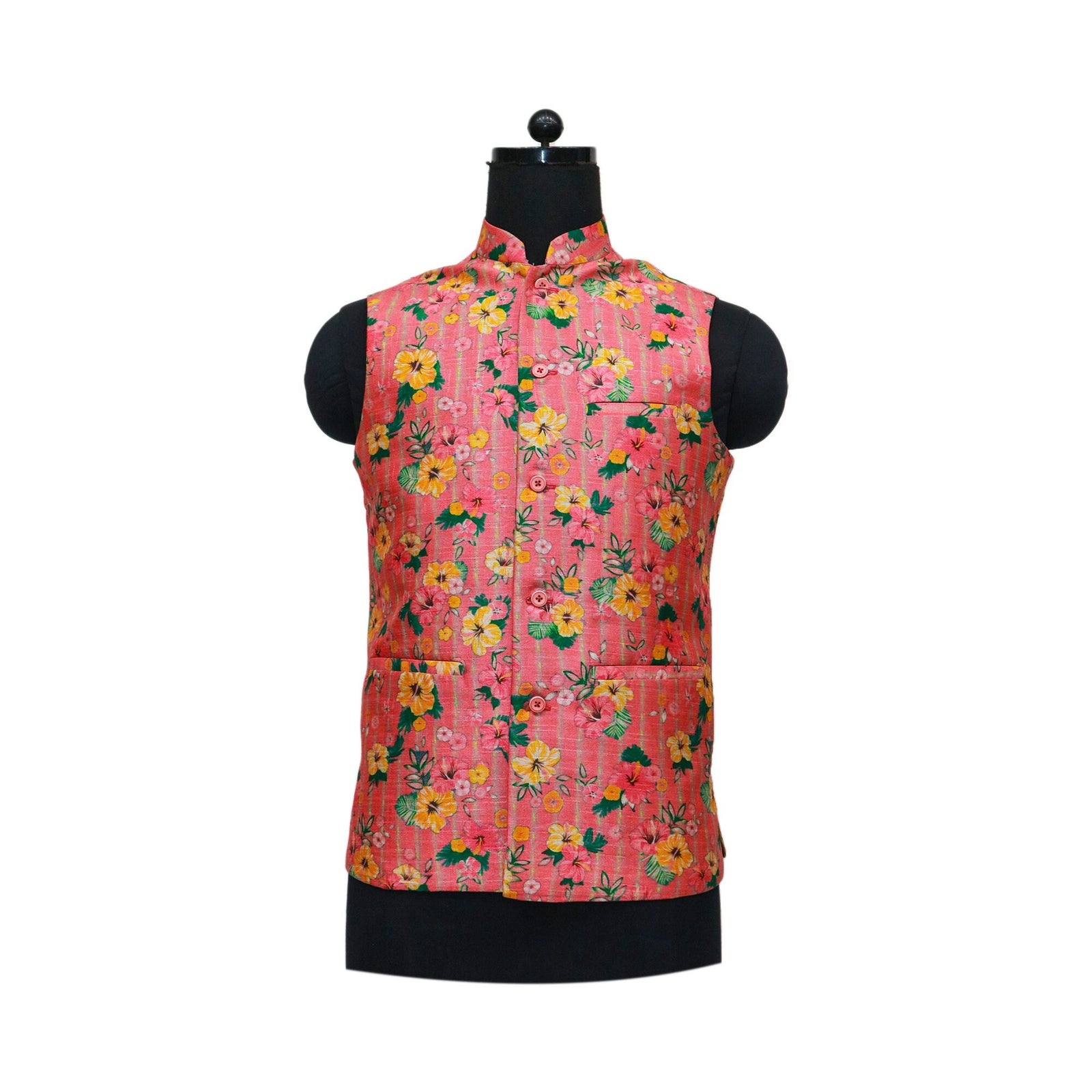 Pink floral Nehru jacket on mannequin, perfect for ethnic parties or themed events.