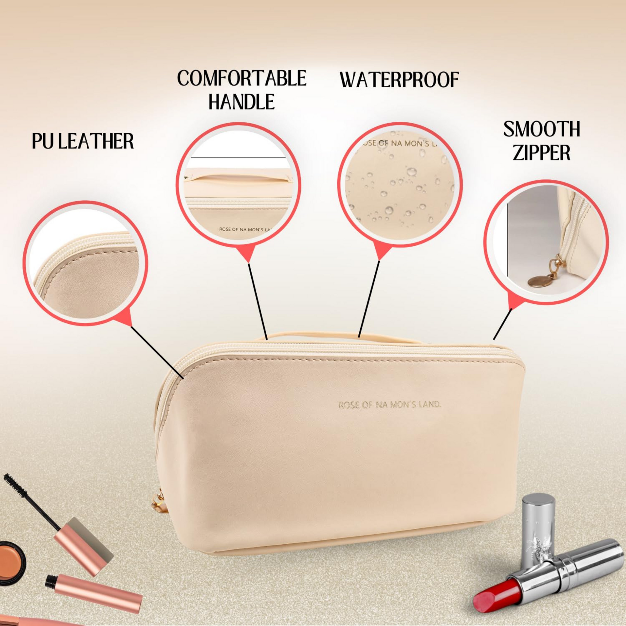 Premium PU Leather Cosmetic Bag with Waterproof Design | Travel-Friendly Makeup Pouch with Spacious Storage & Handle (Cream, 10.5-Inch)