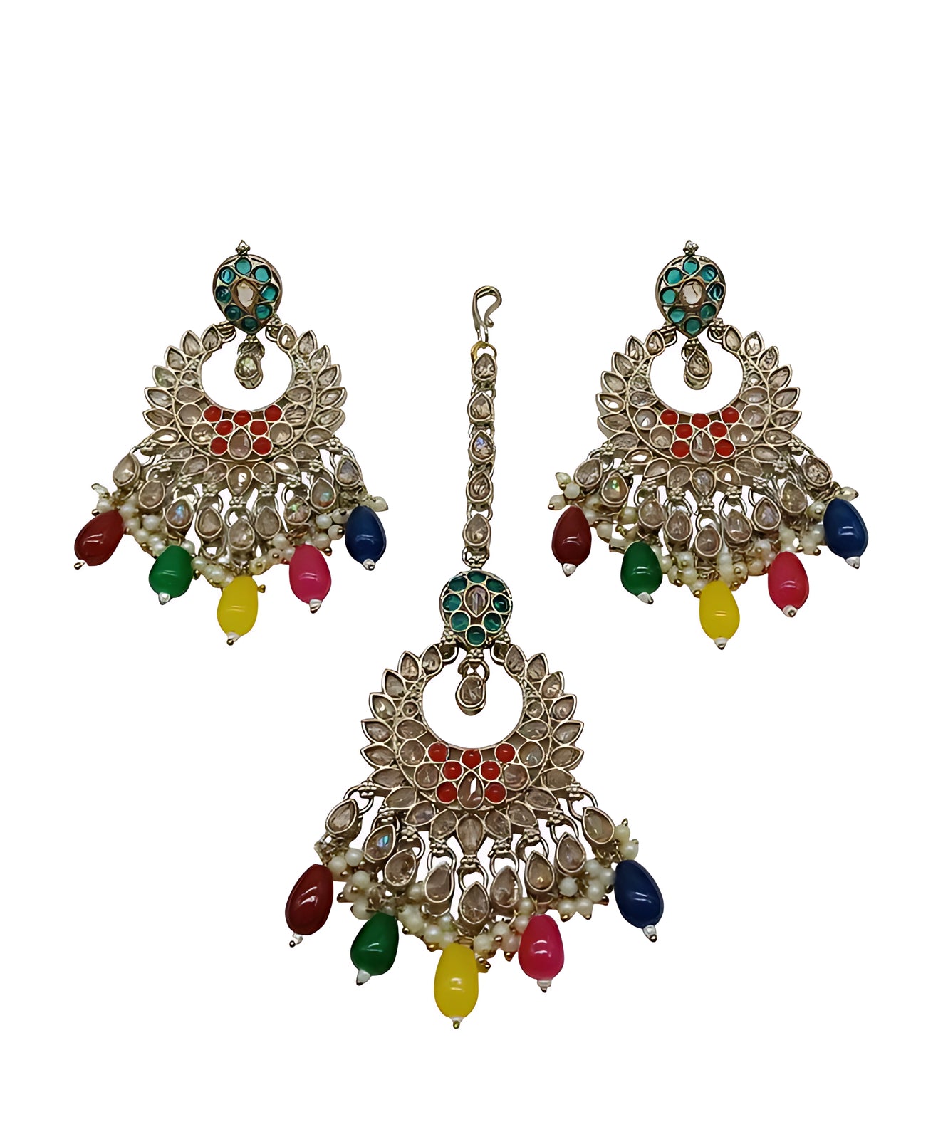 Luxurious Multicolor Kundan Choker Necklace Set, Earrings and Maang Tikka, Traditional Indian Wedding Jewelry (Set of 2)