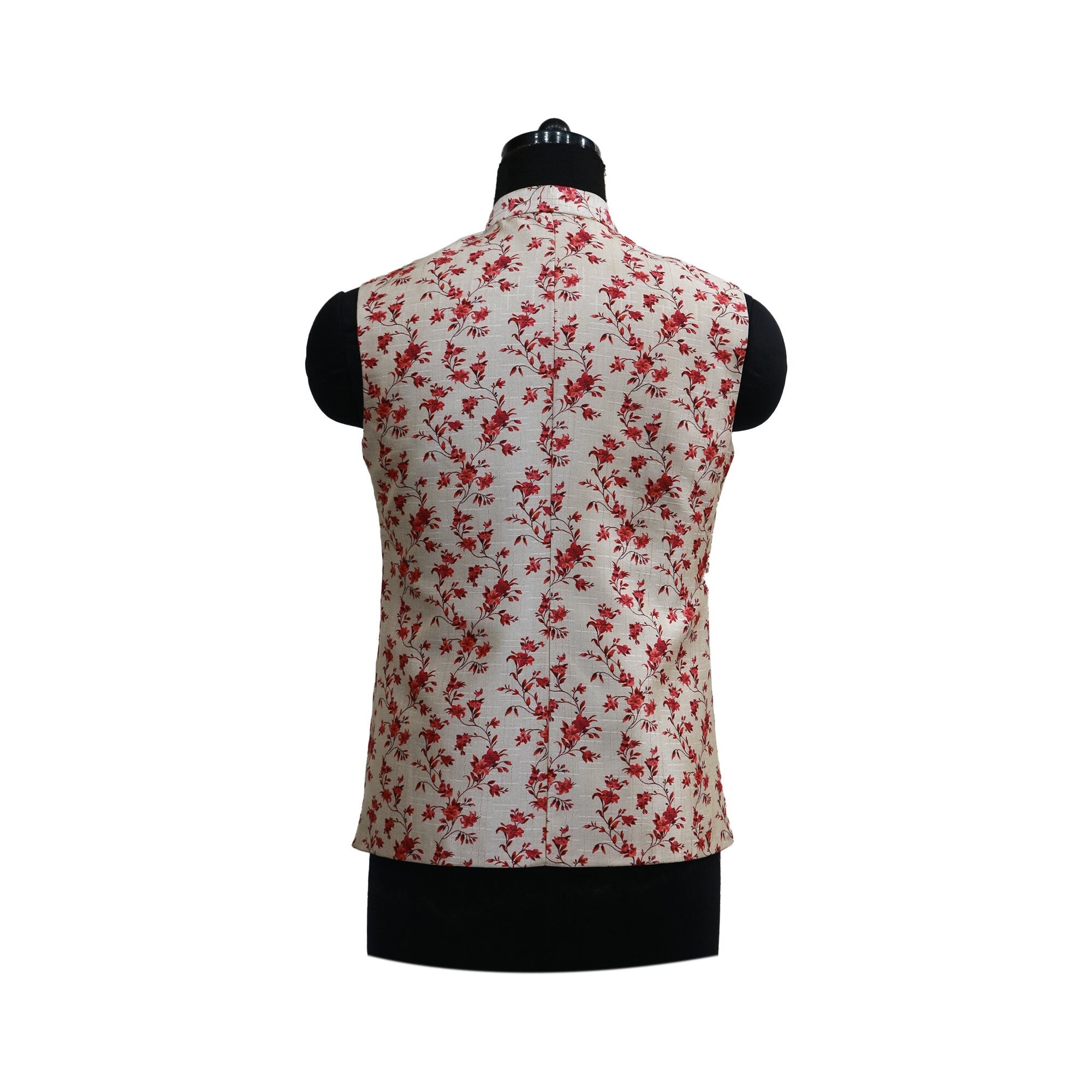 Beige men's Nehru jacket with a red floral print, shown on a mannequin from the back.