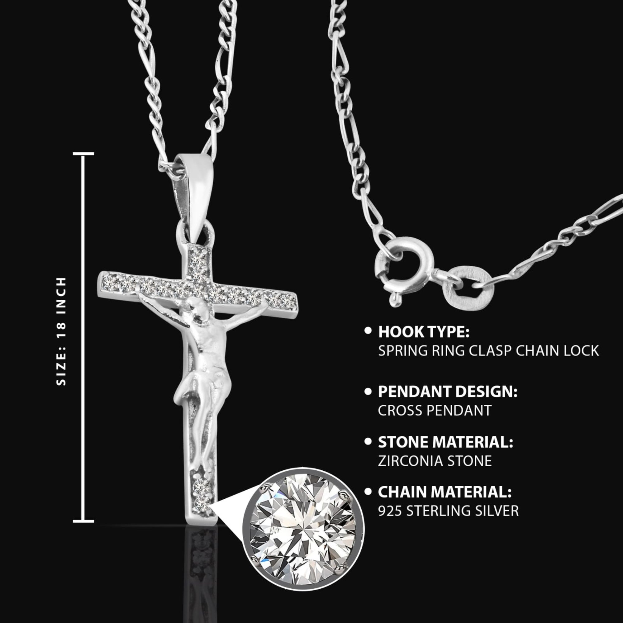 Sterling Silver Cross Pendant, Zirconia Inlay Necklace for Women, Pendant with Chain, Jewelry Gift, Perfect Gift for Her