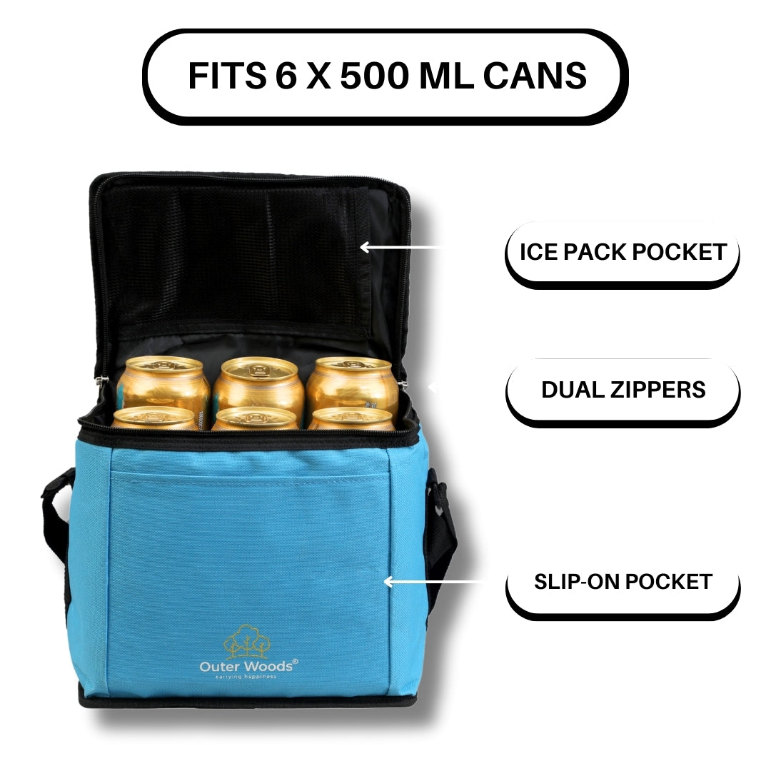 Outer Woods Insulated 6 Can Cooler Bag | Fits 6 x 500ml Beer Cans | Keep Cans Cool for up to 10 Hrs | with 2 Units of Ice Gel Packs