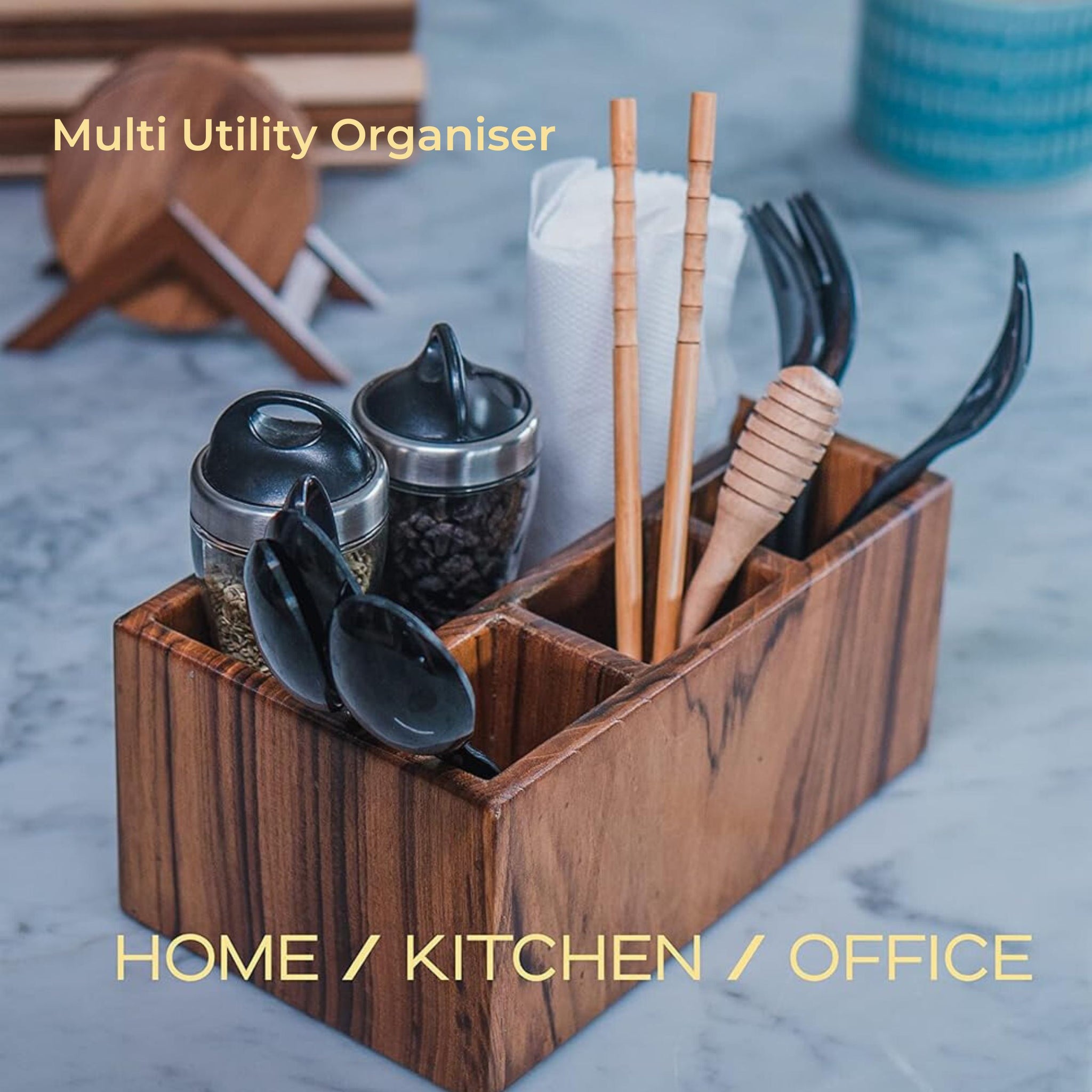 old trunk | Handcrafted Teak Wood Spoon Stand (3+1 Compartment) | Multi-Purpose Organiser | Cutlery Holder For Kitchen and Dining Table