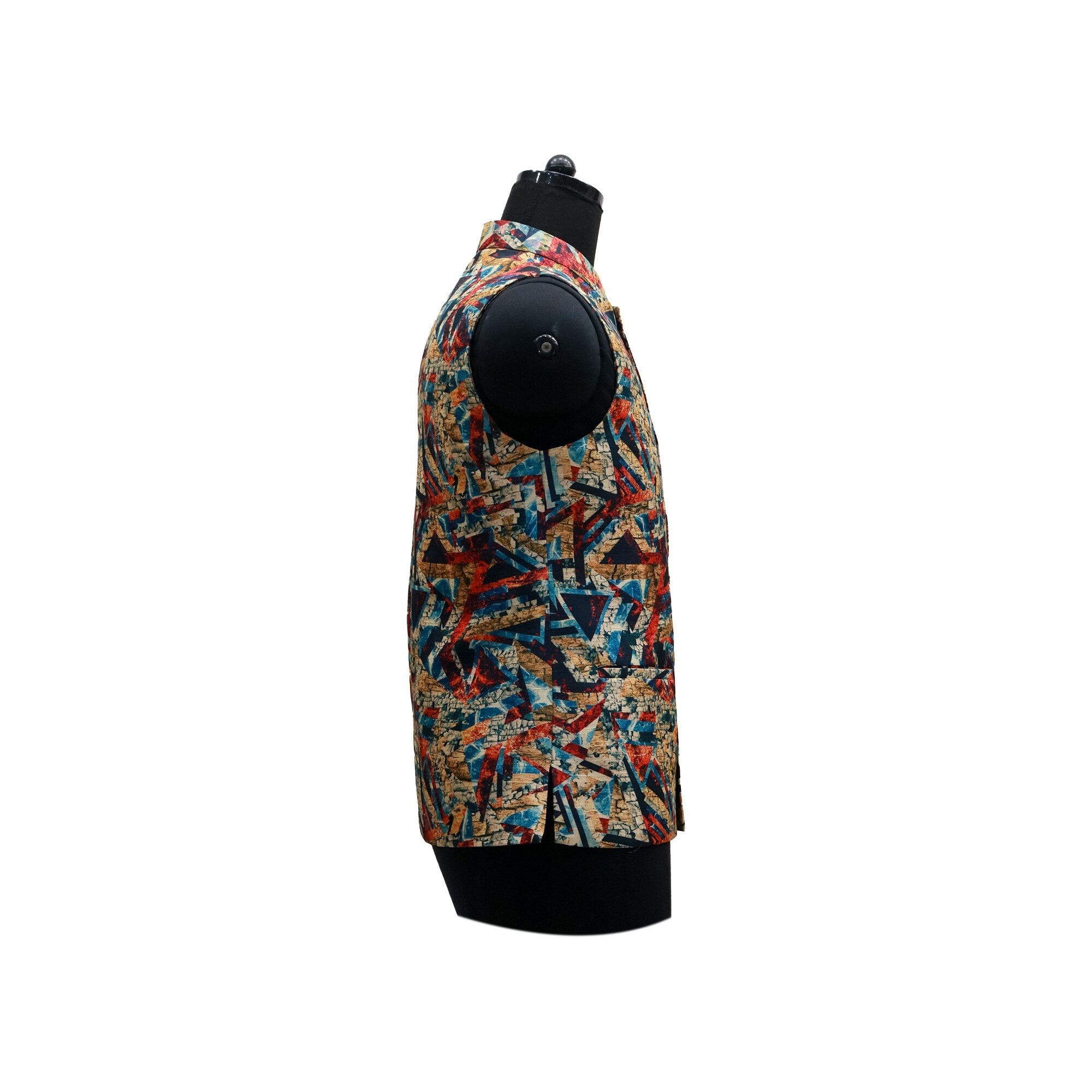 Handmade vintage floral Nehru jacket in a colorful abstract print, shown on a mannequin in a side view.