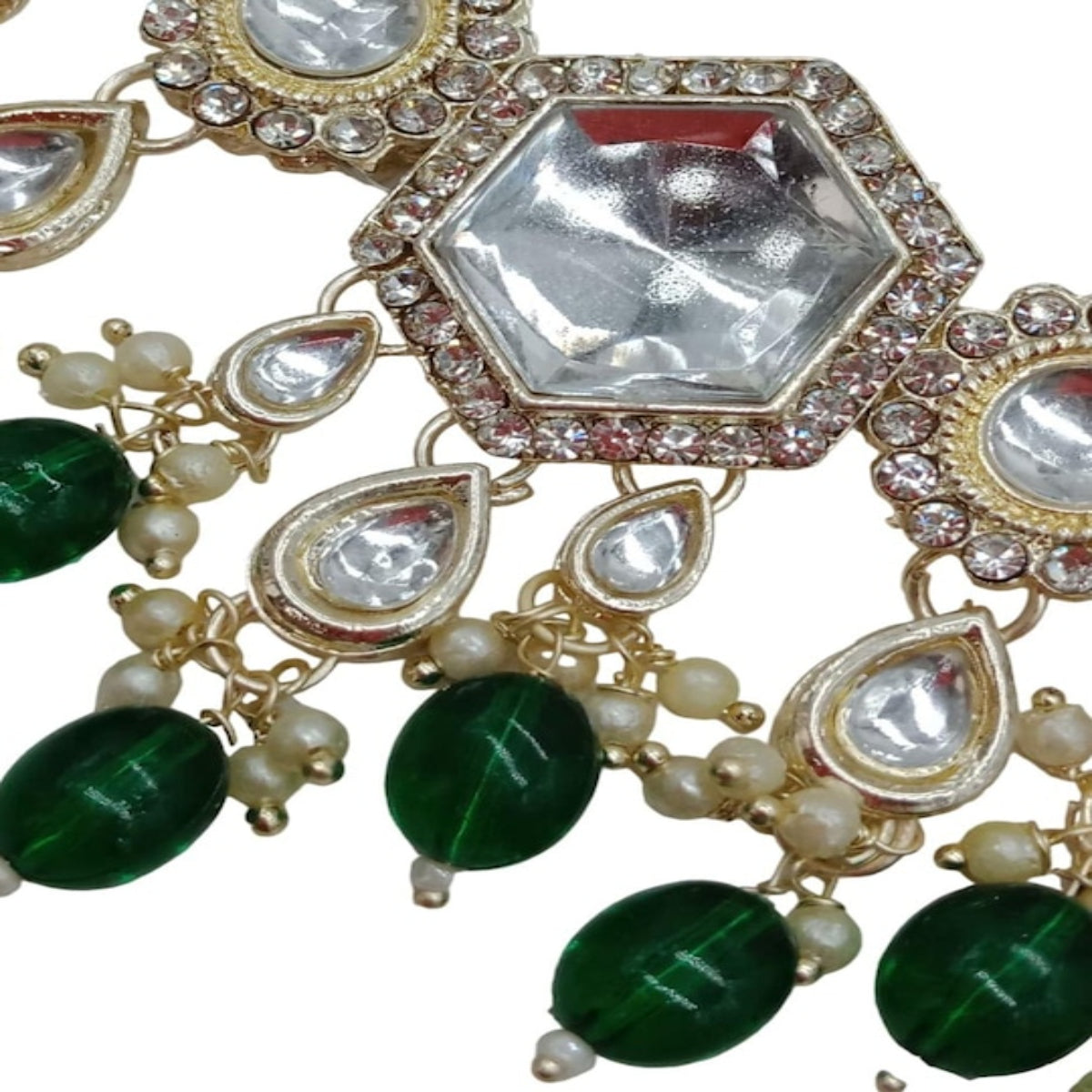 Elegant Kundan-Style Green and White Necklace, Earrings, and Tikka Set, Traditional Indian Wedding Jewelry (Set of 2)