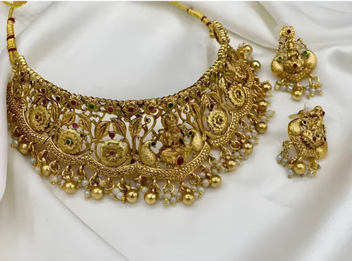 Traditional Gold-Plated Temple Choker Necklace Set Handcrafted Ethnic Jewelry for Weddings & Festivals, Traditional Indian Wedding Jewelry (Set of 2)