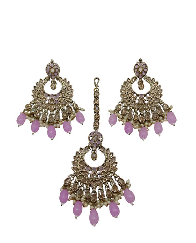 Luxurious Purple Kundan Choker Necklace Set, Earrings and Maang Tikka, Traditional Indian Wedding Jewelry (Set of 2)