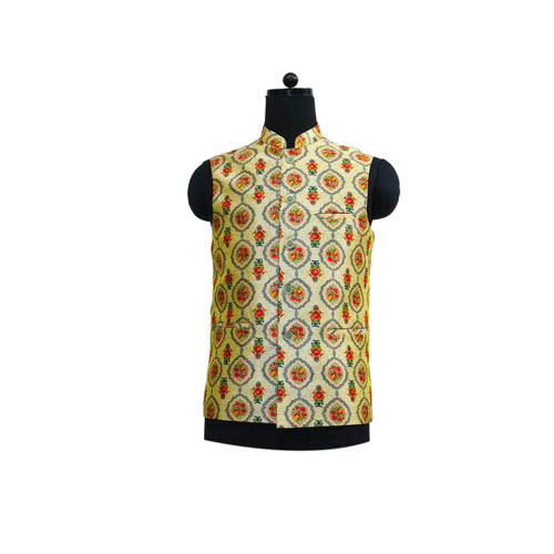 Ivory Nehru Jacket with Red and Yellow Floral Print | Elegant Sleeveless Vest for Weddings & Festive Events