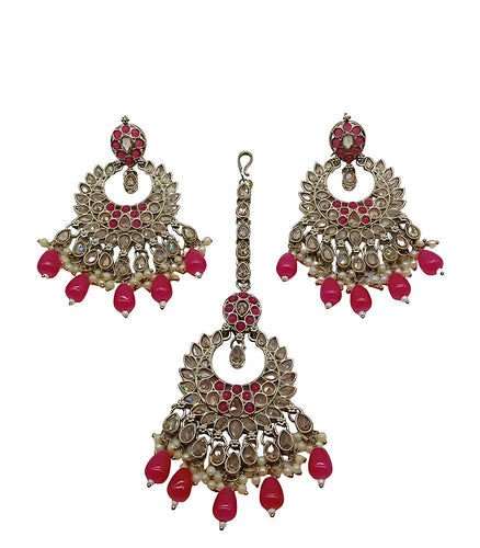 Luxurious Rani Kundan Choker Necklace Set, Earrings and Maang Tikka, Traditional Indian Wedding Jewelry (Set of 2)