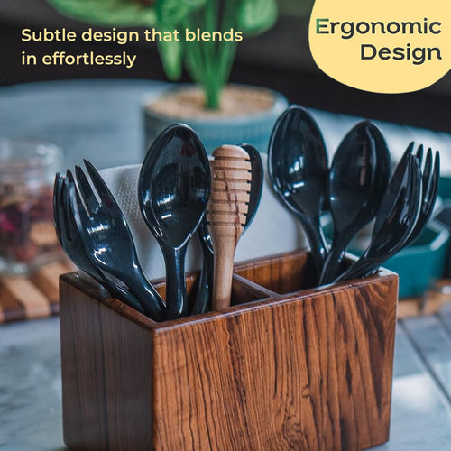 old trunk | Handcrafted Teak Wood Spoon Stand (2+1 Compartment) | Multi-Purpose Organiser | Cutlery Holder For Kitchen and Dining Table