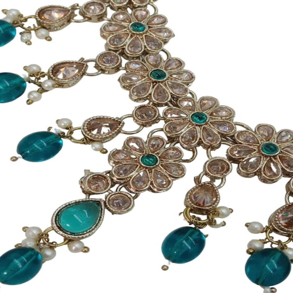 Exquisite Floral Kundan Necklace Set, Teal Drops and Matching Earrings, Traditional Indian Wedding Jewelry, Festive Look (Set of 2)