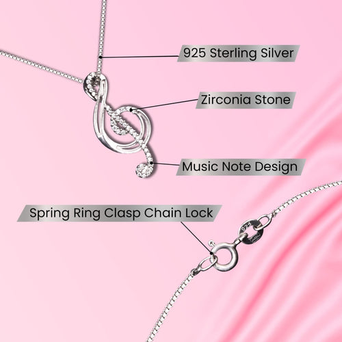 Sterling Silver Music Note Pendant with Zirconia Stone, Elegant & Affordable,Chain, Perfect Gift for Her