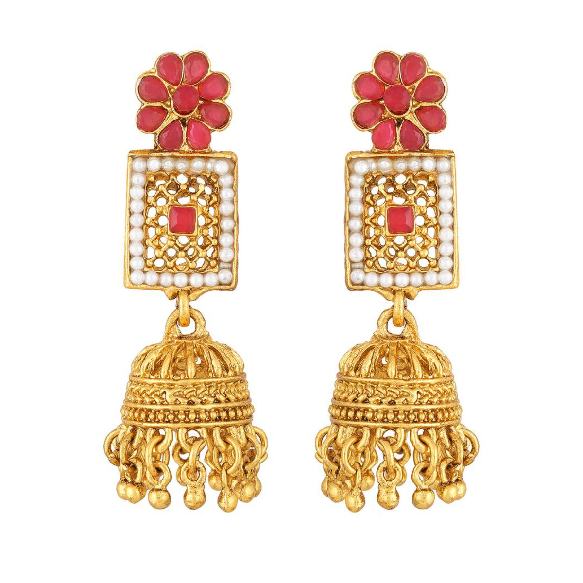 Antique Gold Ruby Floral Long Necklace Set, Traditional Jhumka Earrings | South Indian Temple Jewelry, Traditional Indian Wedding Jewelry (Set of 2)